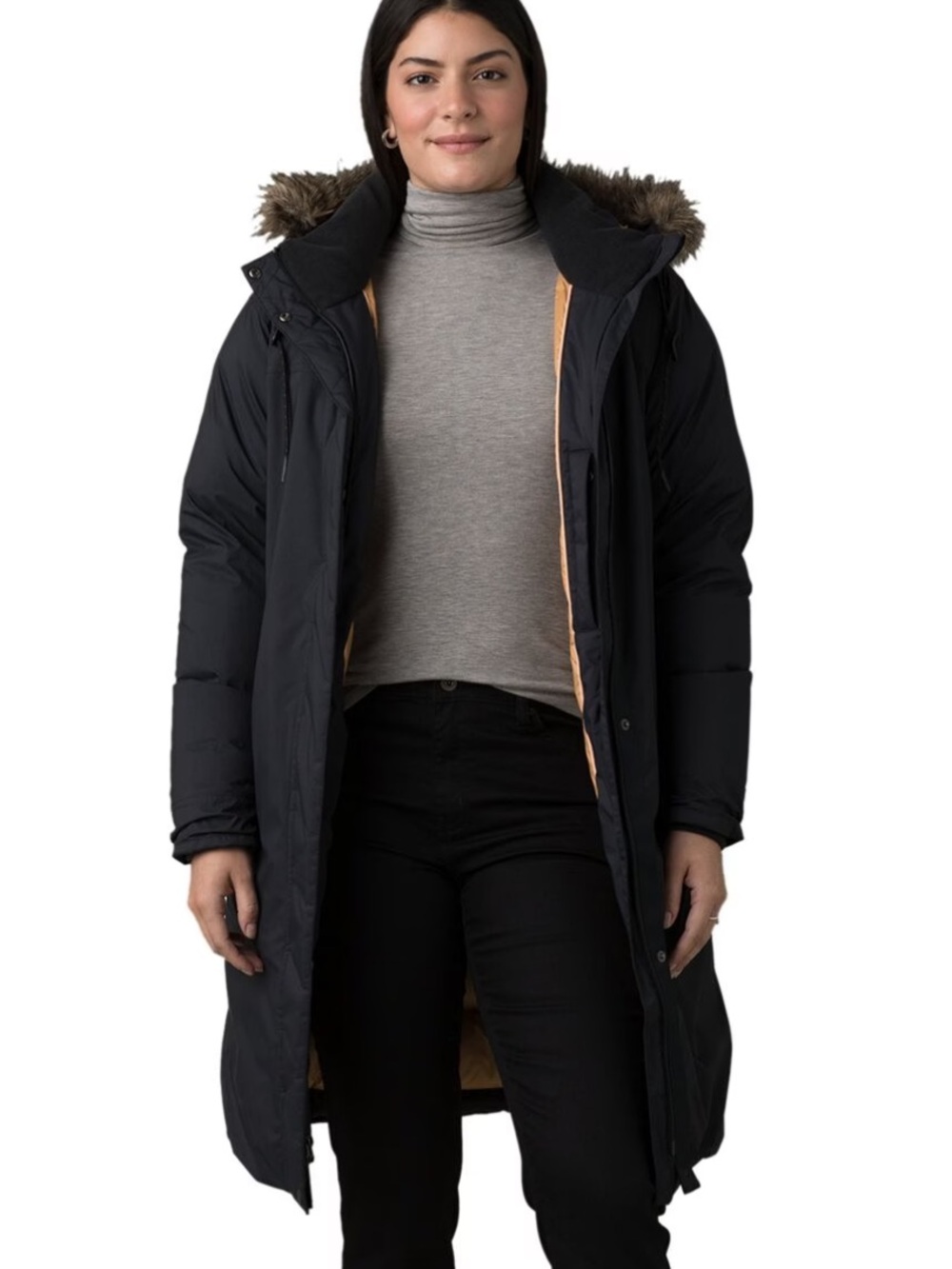 Prana Black Long Down Puffer Coat with Faux Fur Hood